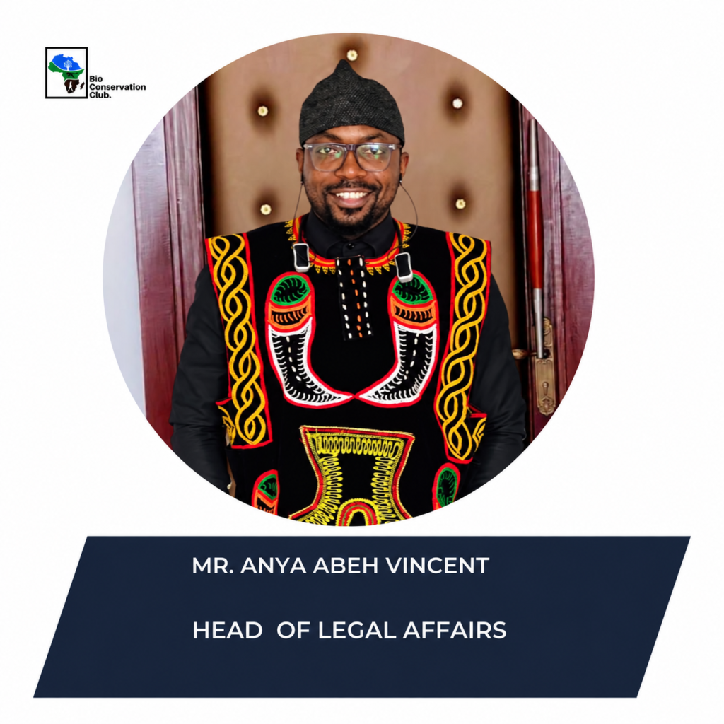Mr. Anya Abeh Vincent, Head of Legal Affairs, in the Bio Conservation Club staff design.