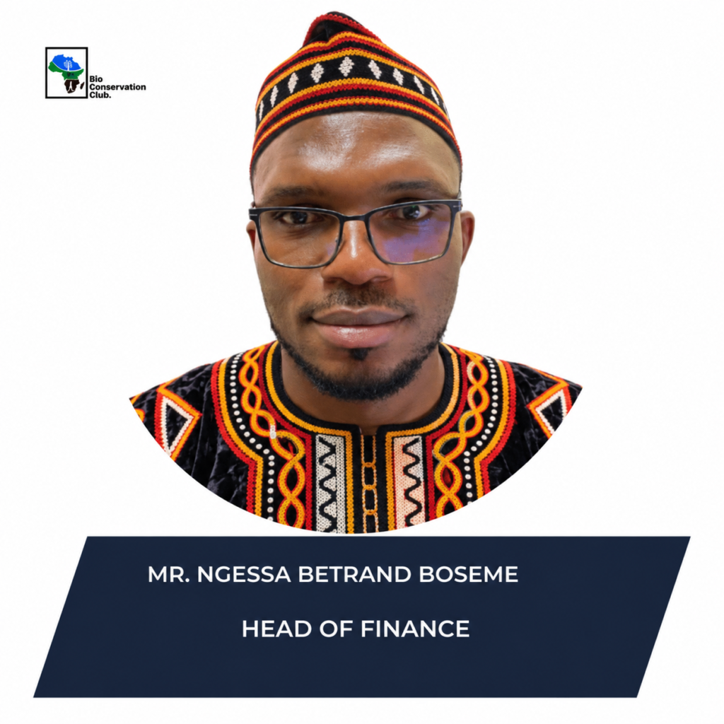 Mr. Ngessa Betrand Boseme, Head of Finance, in the Bio Conservation Club staff design.