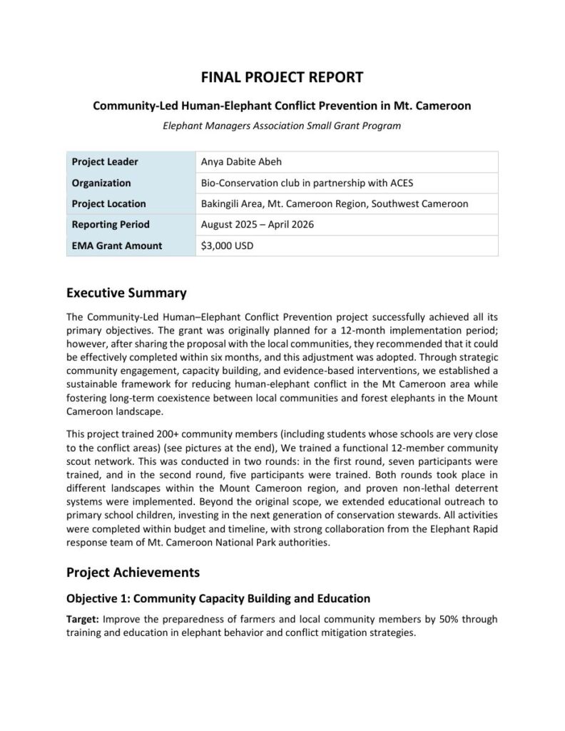 EMA final project report: Community-Led Human-Elephant Conflict Prevention in Mt. Cameroon