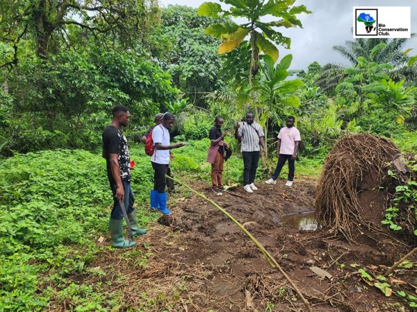 Field team members discussing observations in a green clearing beside muddy ground.