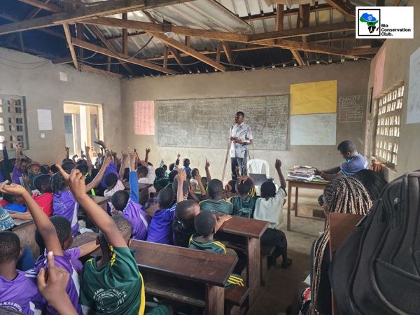 Many students raising their hands during an interactive classroom session.