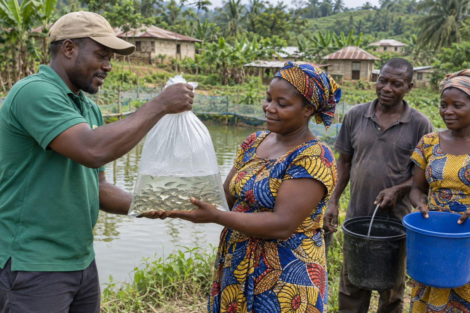 Illustration of people holding a bag of young fish beside a fish pond.