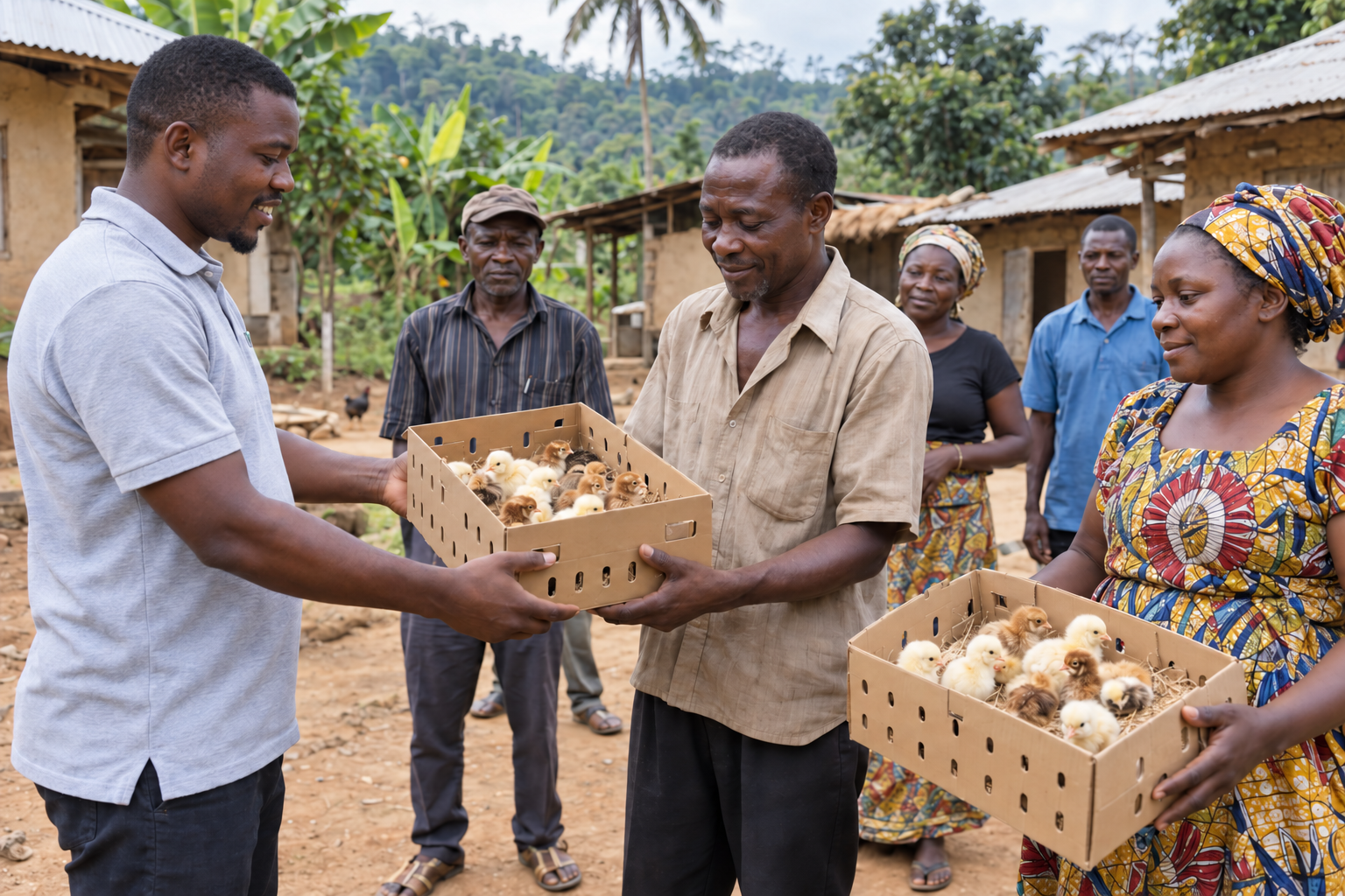 Illustration of people holding boxes of chicks in a village setting.
